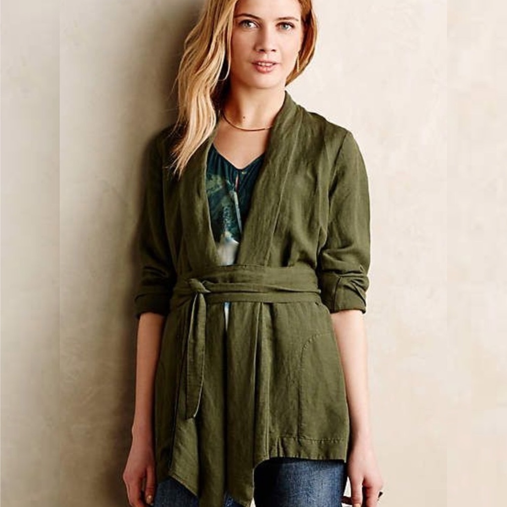 Anthropologie Elevenses Jone Linen Jacket Green Belted Size XS Petite Pockets